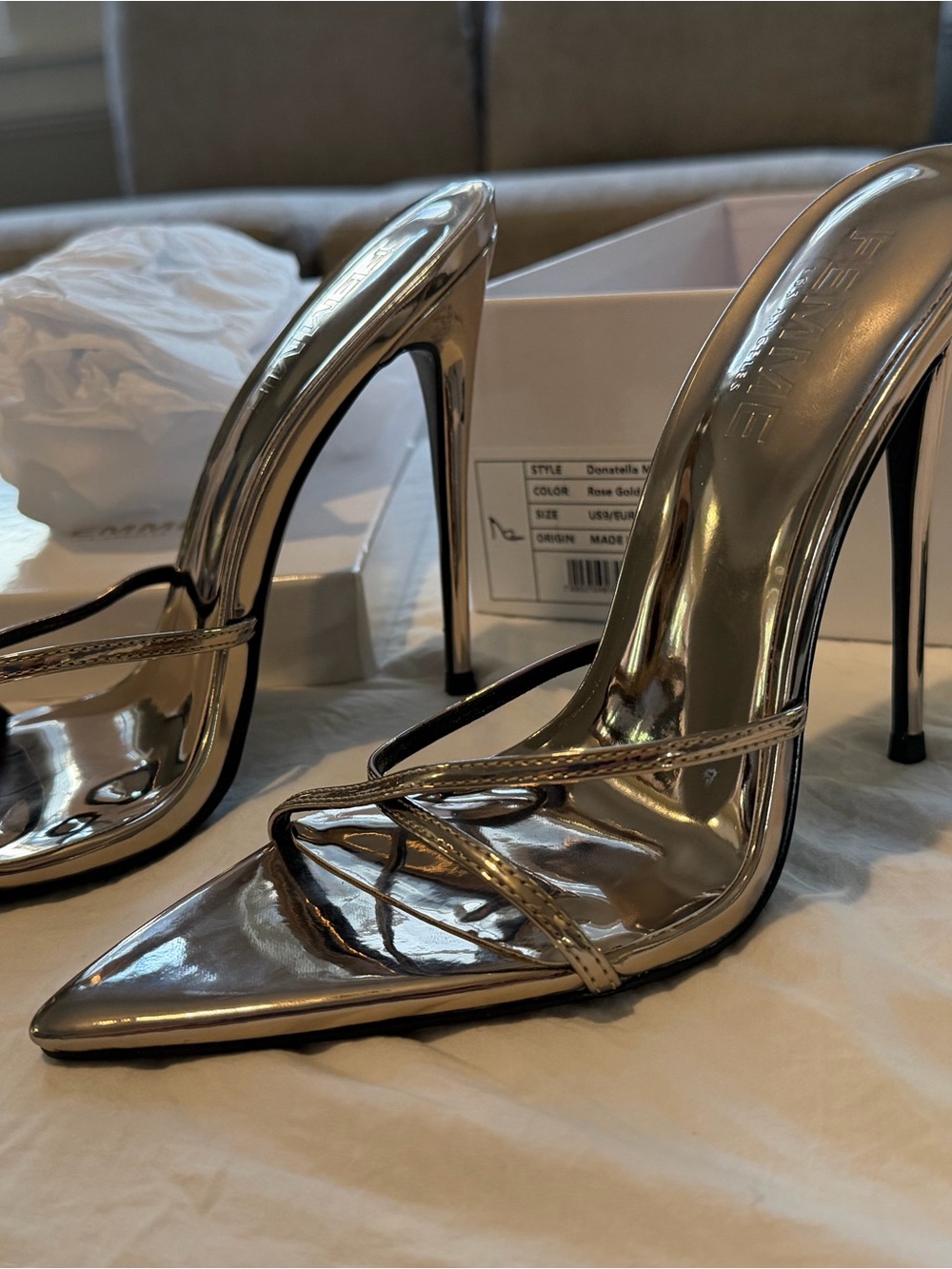 Femme LA: Metallic Rose Gold Stiletto Slide Heels - Women size 39 (9) brand new